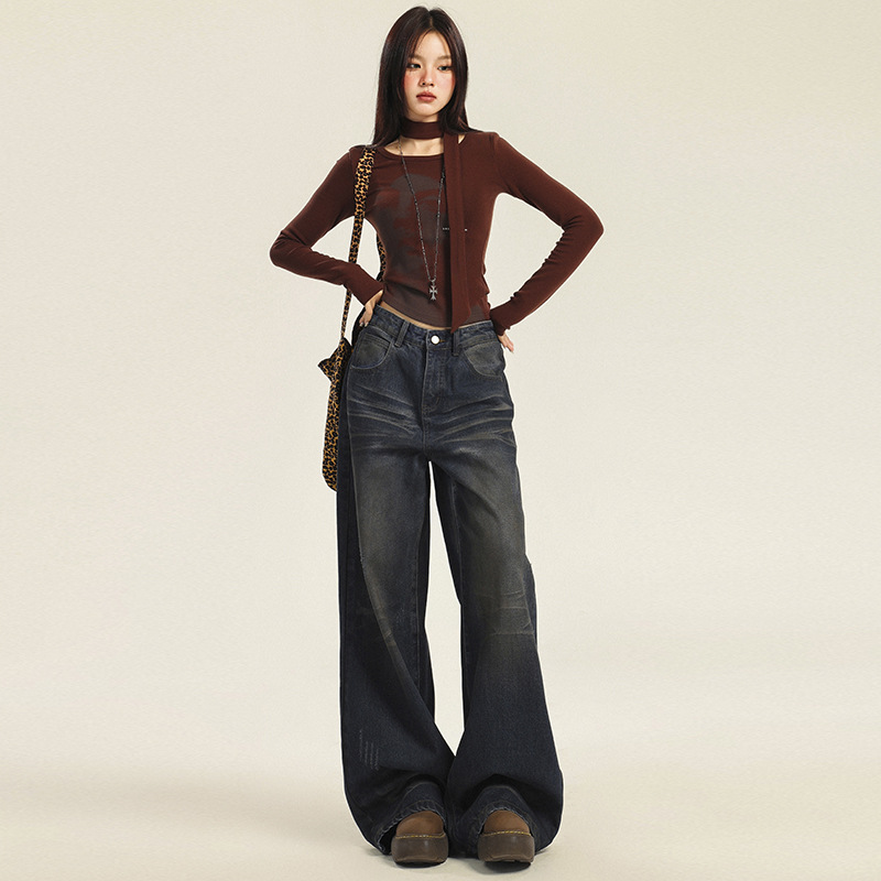 Thirteen lines of waste soil vintage washed straight jeans women's lazy relaxed feeling slim loose loose wide leg floor pants