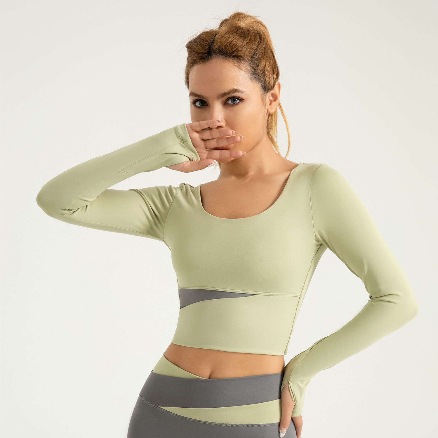 Cross-Border Peach Color Matching Long-Sleeved Yoga Tops Nude Slimming Sports Running Fitness Tops for Women
