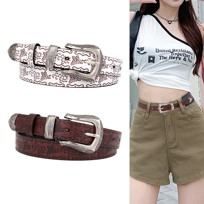 Embossed Retro Y2K White Belt for Women 2025 New Style with Accessories Trouser Belt Belt Design Niche Waist