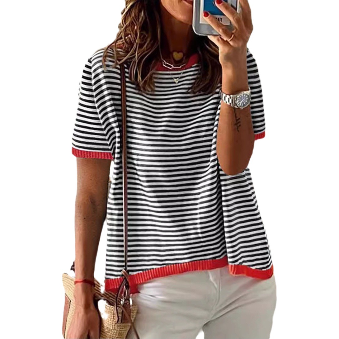 2025 New Knitted Sweater European and American Export Stripes Contrasting Design Off-Shoulder Short-Sleeved Top Knitted Sweater