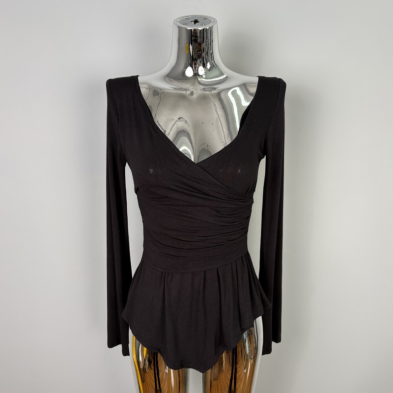Picture of South Korea's Dongdaemun New Slim Fit Sexy Sexy Feminine Cross V Neck Waist Long-Sleeved T-Shirt Top Trendy