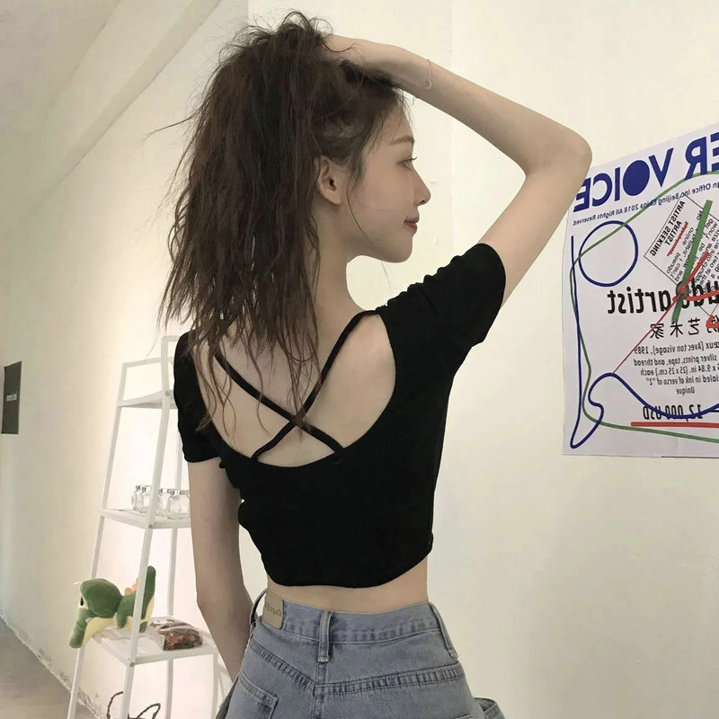 2023 New Internet Celebrity Short Sleeve T-Shirt Women's Summer Ins Super Hot Back Hollow Slim Fit Short Navel Top