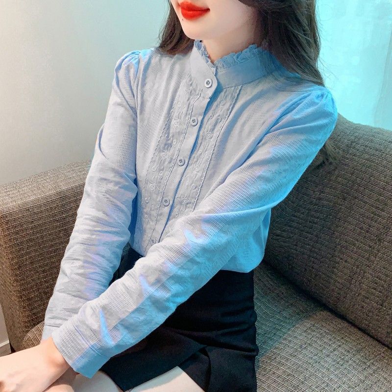 Spring and Autumn 2025 New Embroidered Shirt for Women, Stylish Jacquard Long Sleeve Fashionable Age-Reducing Stand Collar Top