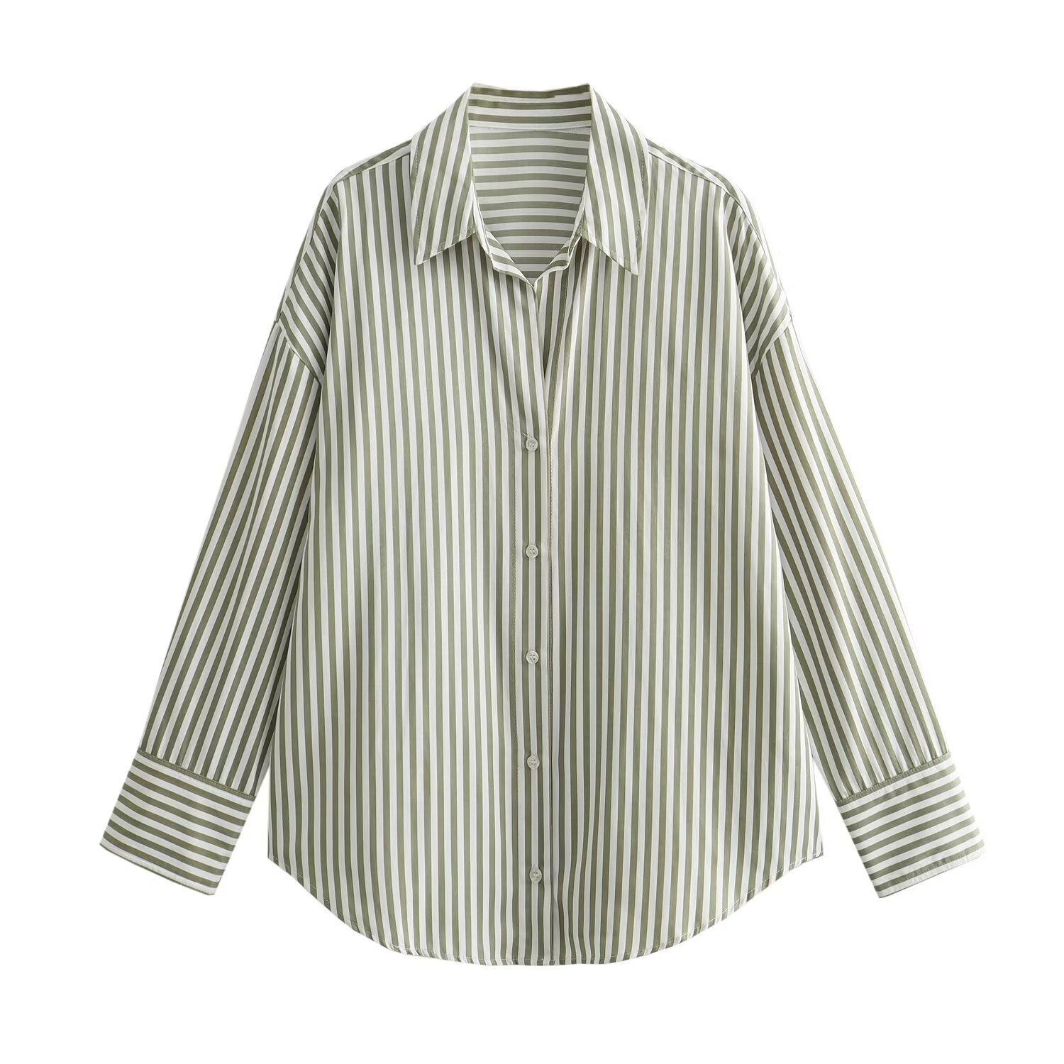 2024 green pinstripe Printed Lapel long sleeve profile loose arc hem women's commuter temperament shirt top