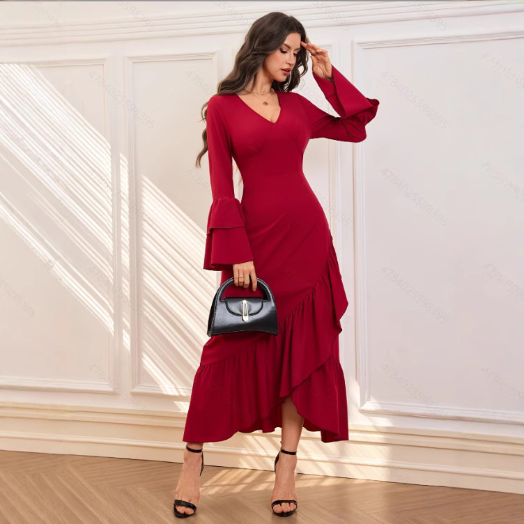 2025 cross-border Amazon AliExpress shein new spring and autumn ruffled dress solid color long sleeve dress women