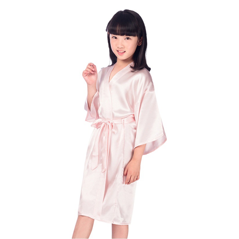Amazon Children's Satin Silk Nightgown Bathrobe, Long Plain Solid Color Cardigan Robe for Older Children, Cross-Border Bestseller