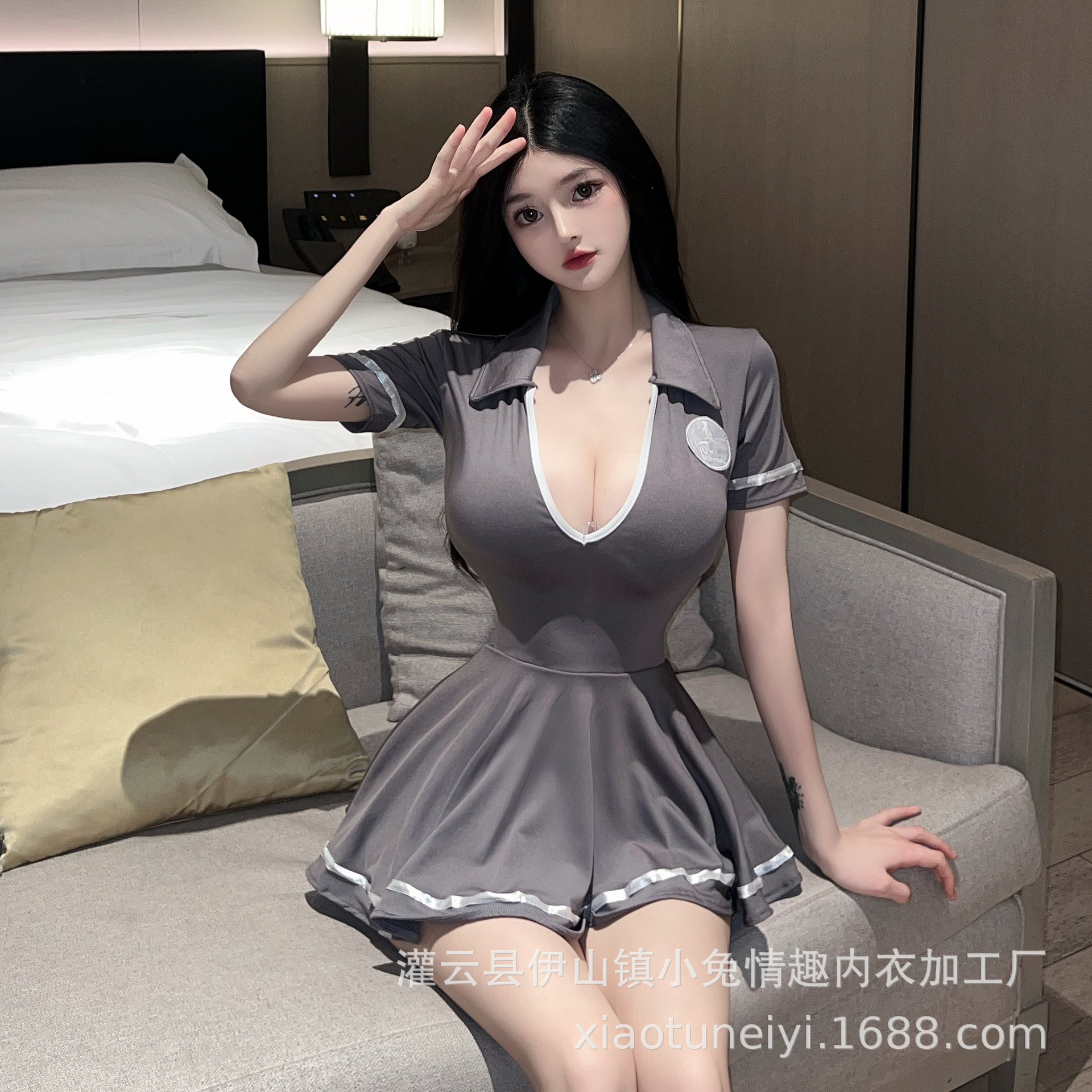 Sexy Lingerie, Sexy Role-Playing One-Piece Skirt, Gray Suit, Uniform, Tempting See-Through Nightgown, Nightclub Work