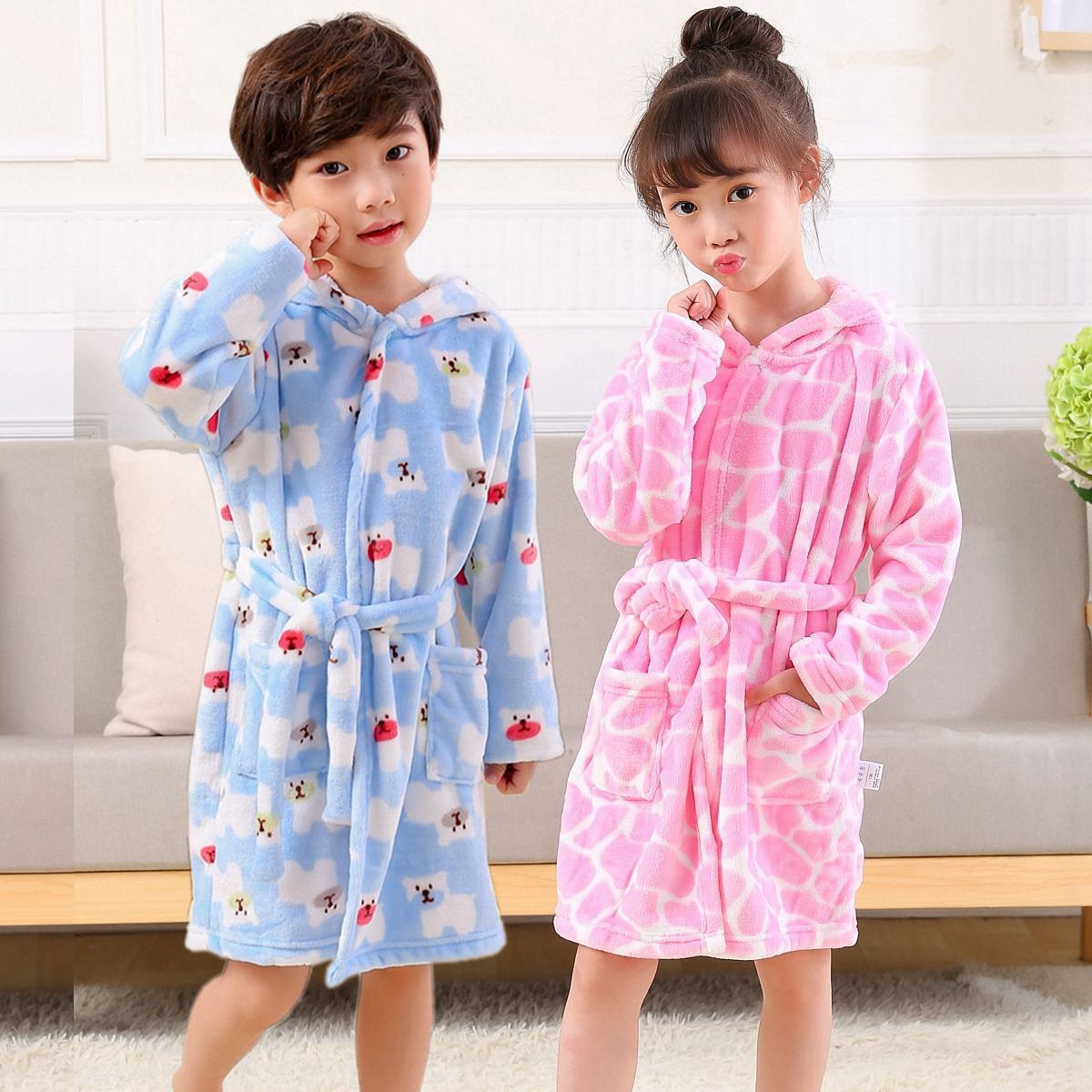Cross-border children's nightgown boys and girls baby spring autumn winter bathrobe pajamas cartoon flannel hooded children's clothing home clothing