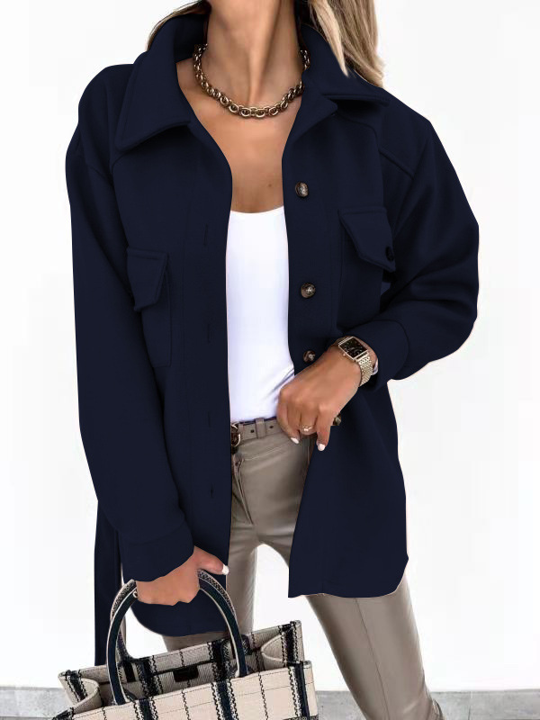 Picture of Europe and the United States cross-border autumn and winter lapel single-breasted thick solid color shirt wool loose coat female manufacturers direct supply