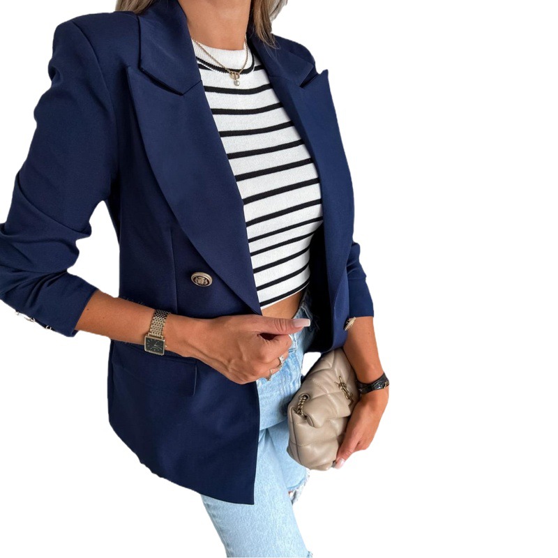 2024 Cross-border Women's Spring and Autumn New Suit European and American Amazon Lapel Double-breasted Mid-length Suit Jacket for Women