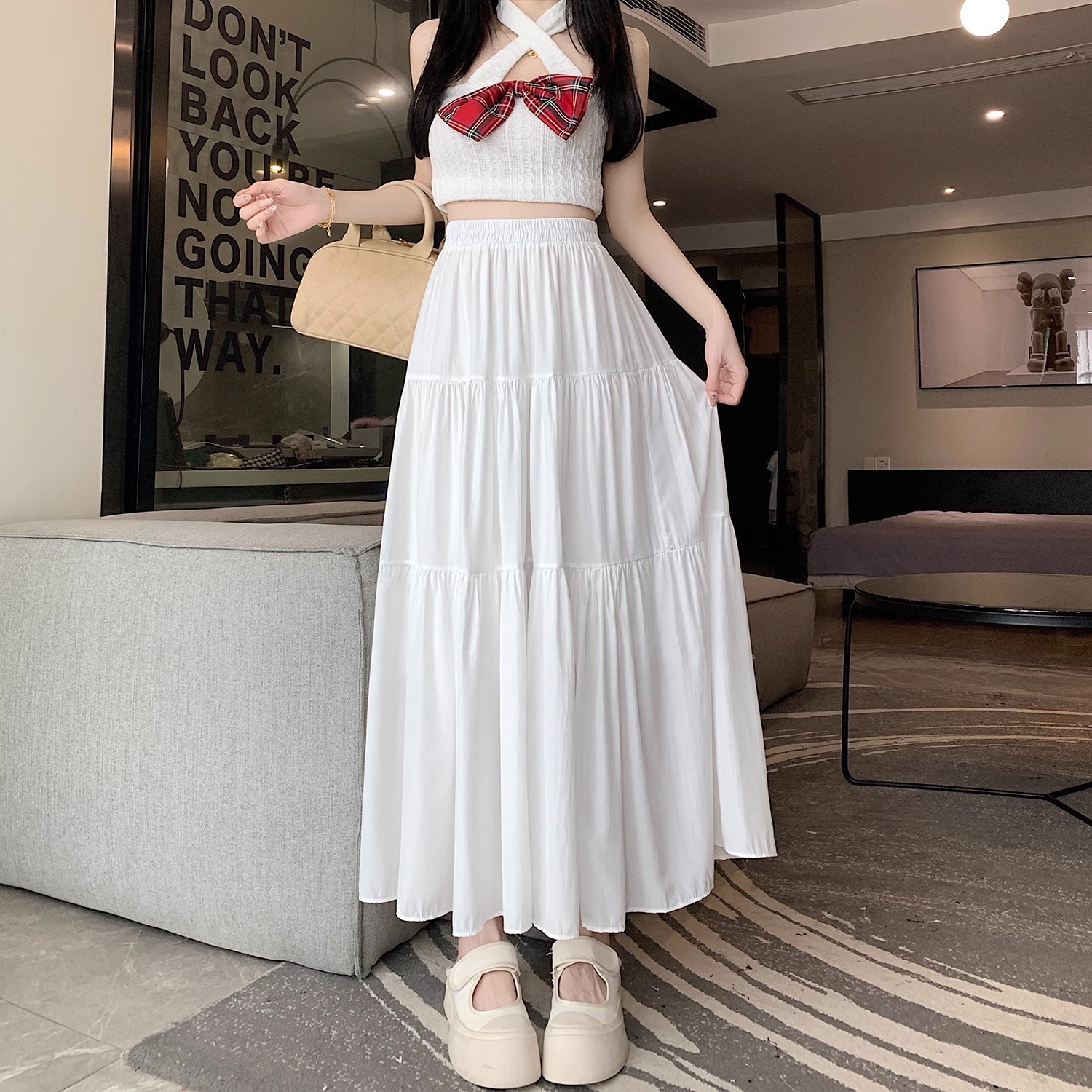 2024 Spring and Summer New Sweet Elegant All-match A- line Skirt Slimming High Waist Mid-length Casual Large Swing Skirt