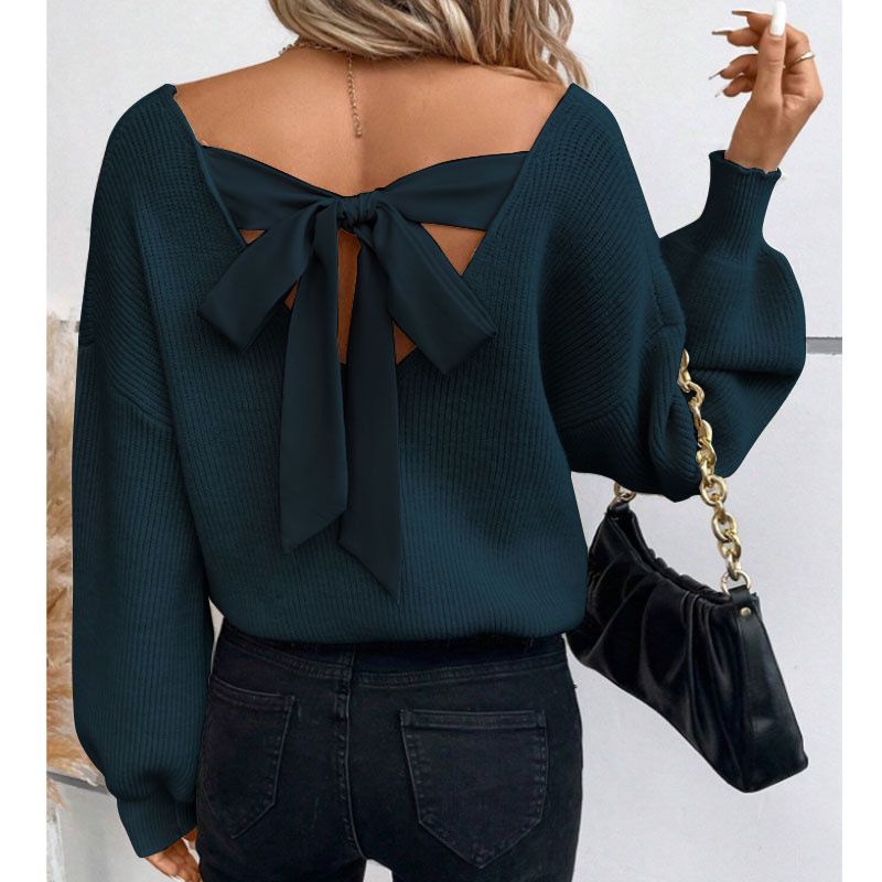 Picture of European and American cross-border women's V-neck solid color sweater, autumn foreign trade new long-sleeve casual loose bow top for women
