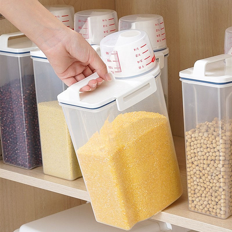 Picture of Grain Storage Container with Measuring Cup, Plastic Sealed Bucket for Kitchen, Moisture-Proof and Insect-Proof Rice Storage Container, Sealed Storage