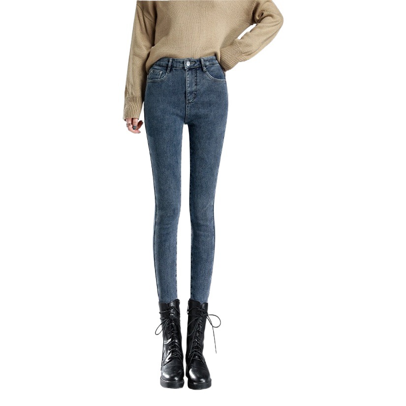 Autumn and Winter Fleece-lined Jeans Women's 2021 High Waist Slimming Elastic Outer Wear Thickened Tight All-match Pencil Pencil Pants