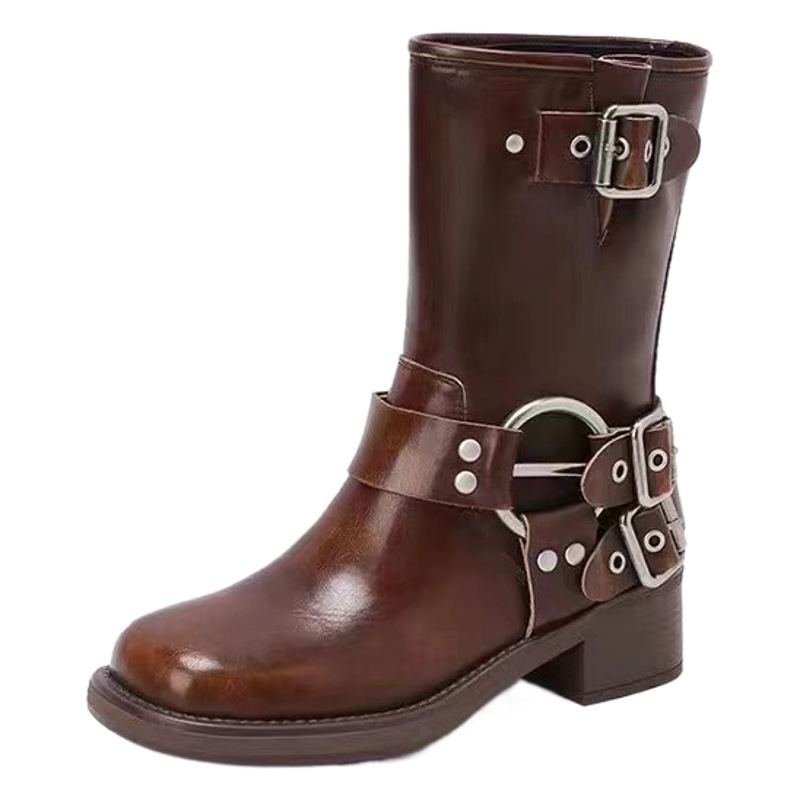 Cowhide Version ~ Thick Heel High Boots for Women 2025 Autum Meng Ling's Same Style Buckle Western Cowboy Boots Knight Fashion Boots