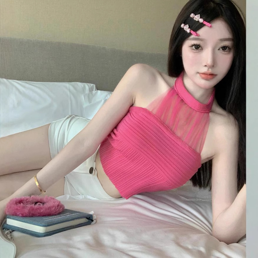 Picture of Lace Hanging Neck Sling Women's Summer Chest Wrapping Vest French Style Chic Strapless Hot Girl Sexy Knitted Top