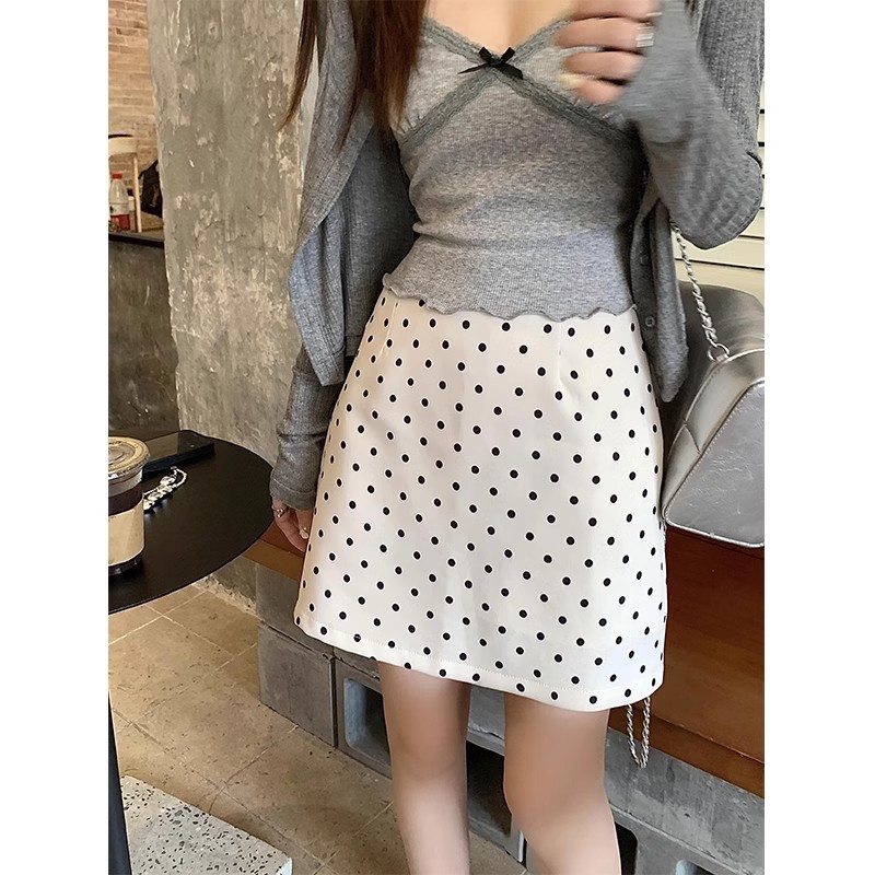 Wrap Hip Skirt Girl's Wave Dot apricot Skirt Women's Commuter All-match High Waist Slimming Small A- line Suit Skirt