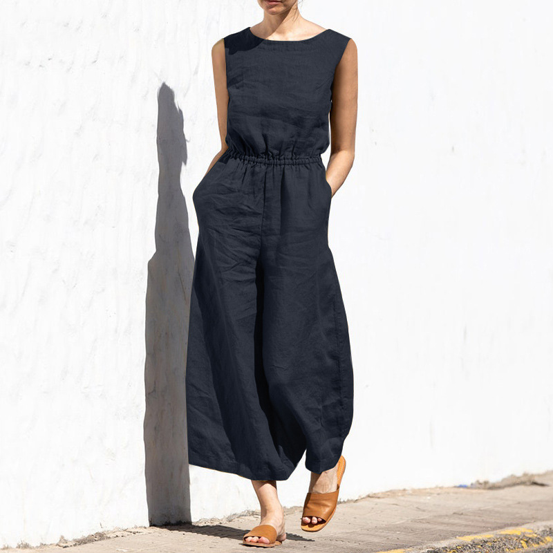 Picture of 2025 Cross-Border European and American Summer Solid Color High-Waisted Sleeveless Long Pants Women's Casual Loose Jumpsuit European and American Style