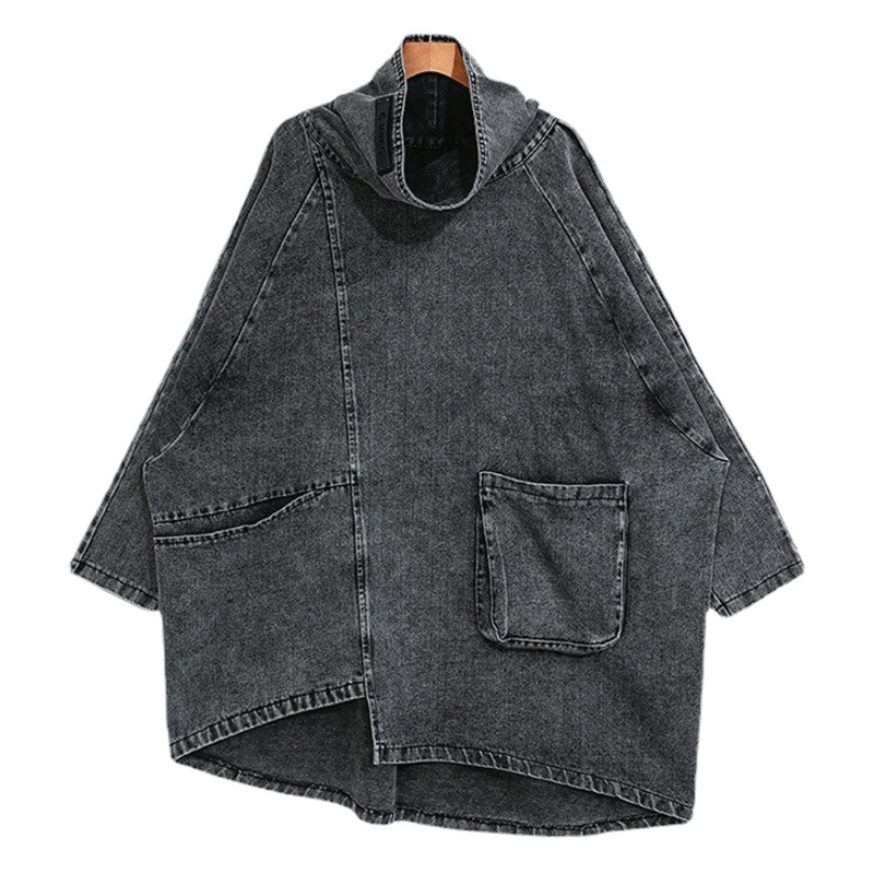 European Station Fashion Spring New High Collar Turtleneck Wash Sweater Diablo Style Distinctive plus size Irregular Denim Shirt