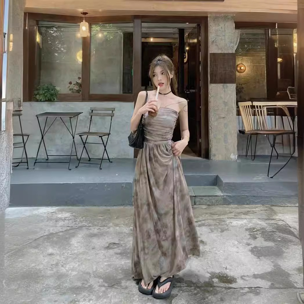 Hot Girl Tie-Dye Printed Tube Top Vest Suit Summer New Retro Fashion High Waist Skirt Women's Trend
