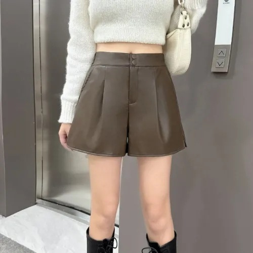 Casual Pants Women's Autumn New Loose A- line High Waist Wide Leg Boots Pants Simple Slimming Elegant Outer Wear Puleather Shorts