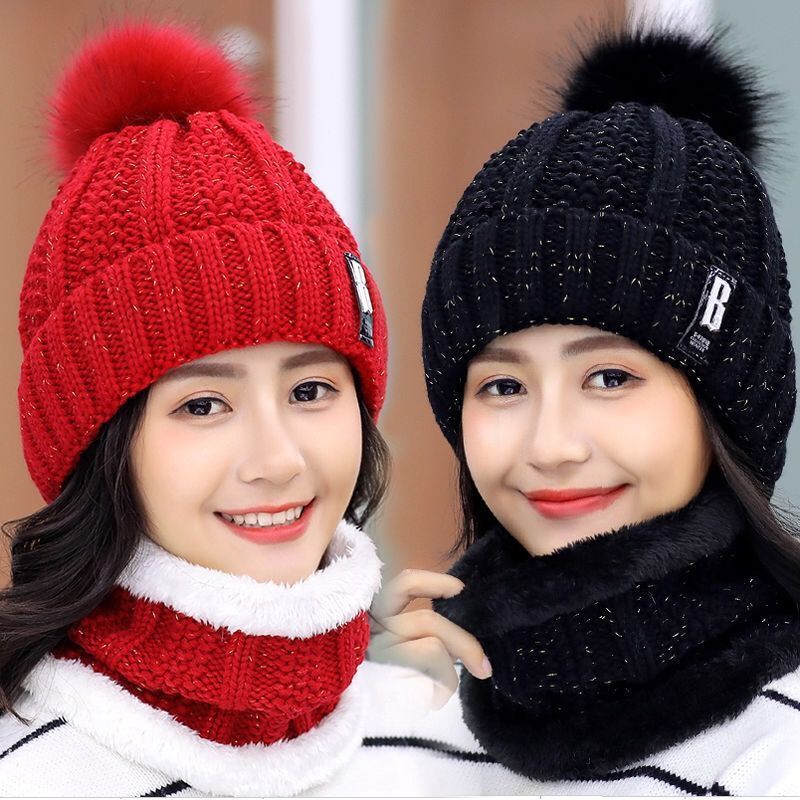 Women's Winter Cycling Hat with Fleece Lining, Warm Knitted Wool Hat with Neck Warmer, Winter Pullover Cotton Hat, Windproof for Cycling