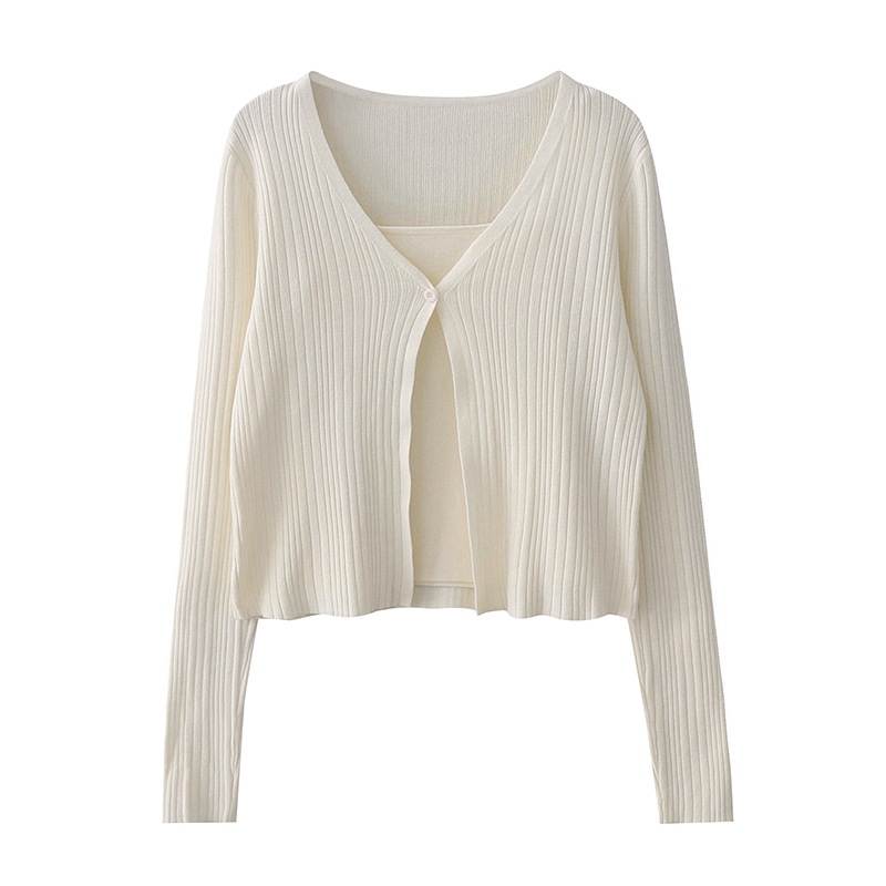 Autumn New French Gentle Style Simple Soft Waxy Knitted Sling One Button Cardigan Jacket suit Top
