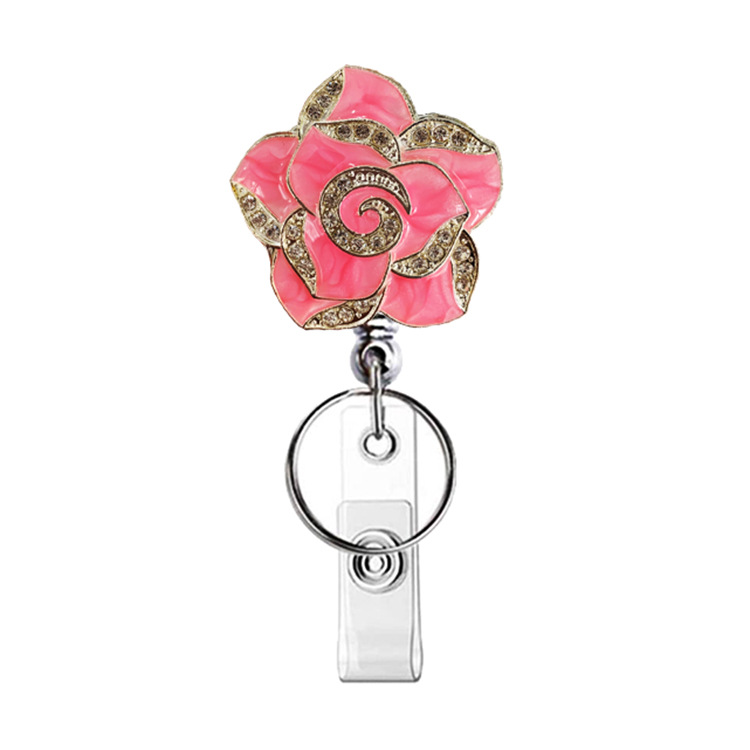 Picture of Silver Electroplating easy pull buckle metal color rhinestone drop oil rose Camellia retractable buckle easy pull ID buckle