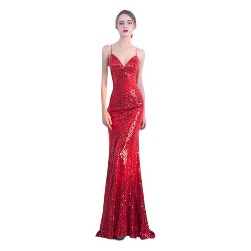 Slim-fit sexy sequined lace tube top mid-strap sheath backless toast evening dress bridesmaid banquet dress