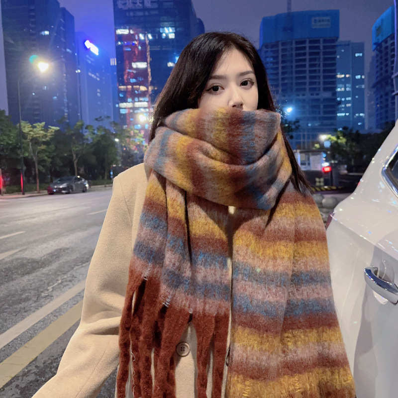 Picture of New Style Striped Mohair Plaid Scarf Women's Winter Warm Thickened Long Trendy Instagram Style Student Couple Scarf