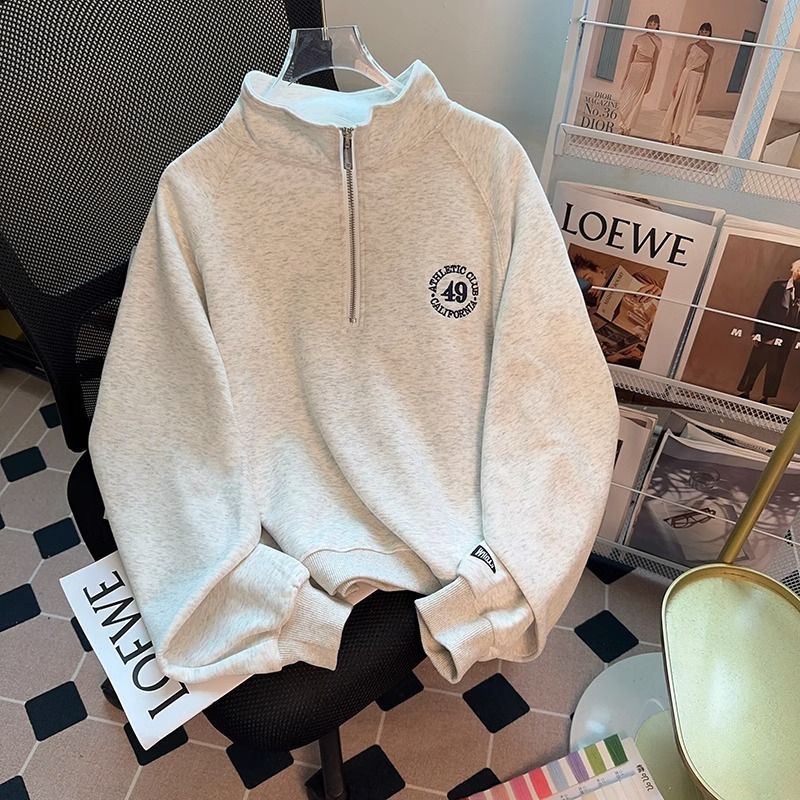 High-grade Heavy Industry Embroidered Age-reducing Lapel Zipper Pullover Long Sleeve Loose fleece-lined Thickened Sweatshirt Women's Coat Top Cotton
