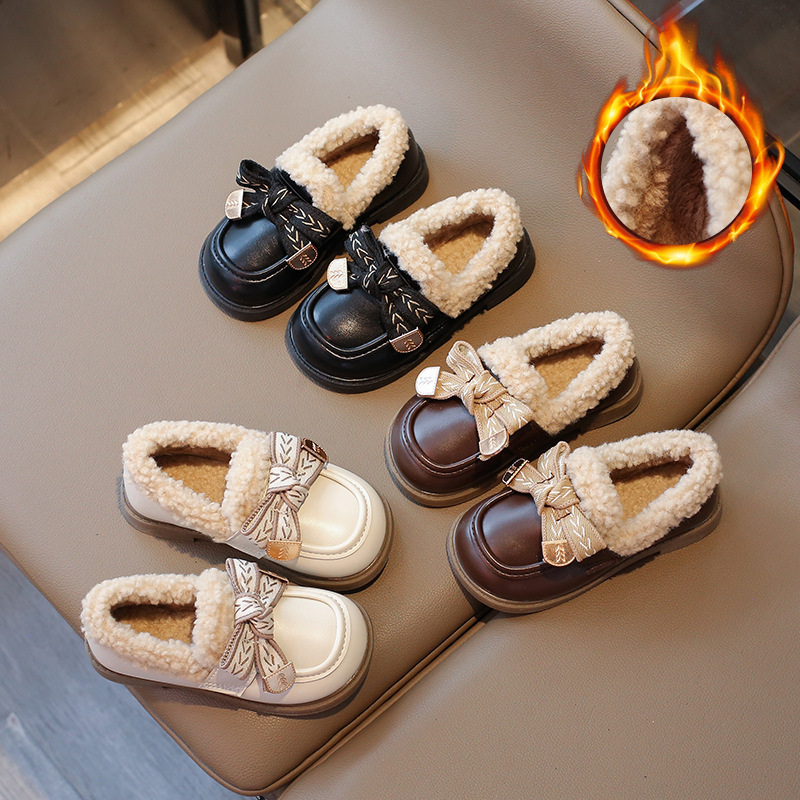 Girls' Shoes fleece-lined Cotton Shoes Children's Winter Shoes 2024 Winter New Baby Loafers Soft Sole Cotton Shoes