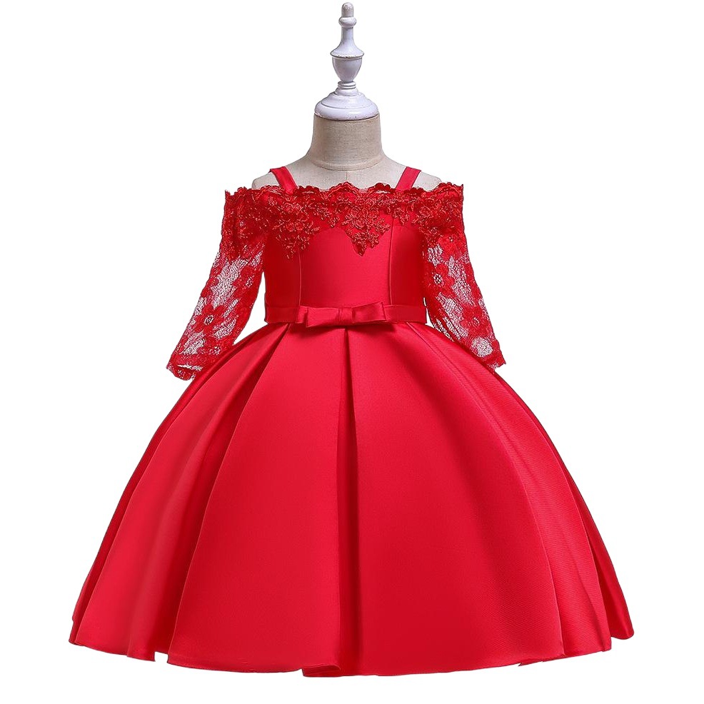 Picture of 2024 cross-border new girls' dress off-shoulder lace hollow-out long sleeve princess dress kids dress