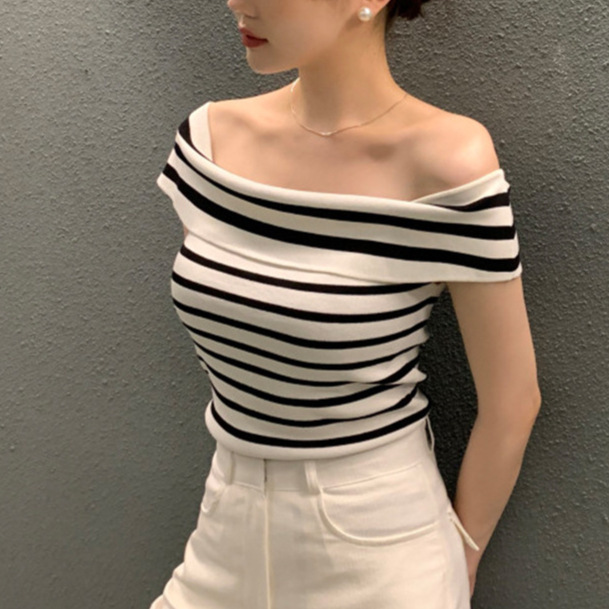 Cross-border South Korea chic summer temperament small sexy off-shoulder close-fitting slim striped short-sleeved sweater women