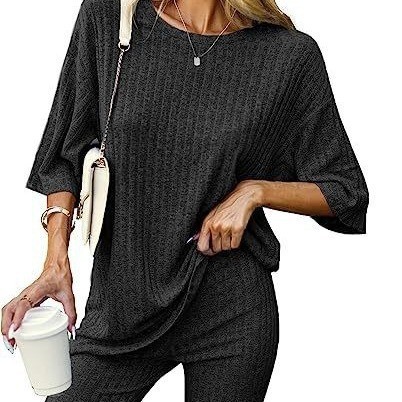 Picture of Cross-Border Amazon Women's Clothing Export 2025 New Fashion Ribbed Knitted T-Shirt Shorts Pajamas Home Wear 2-Piece Set