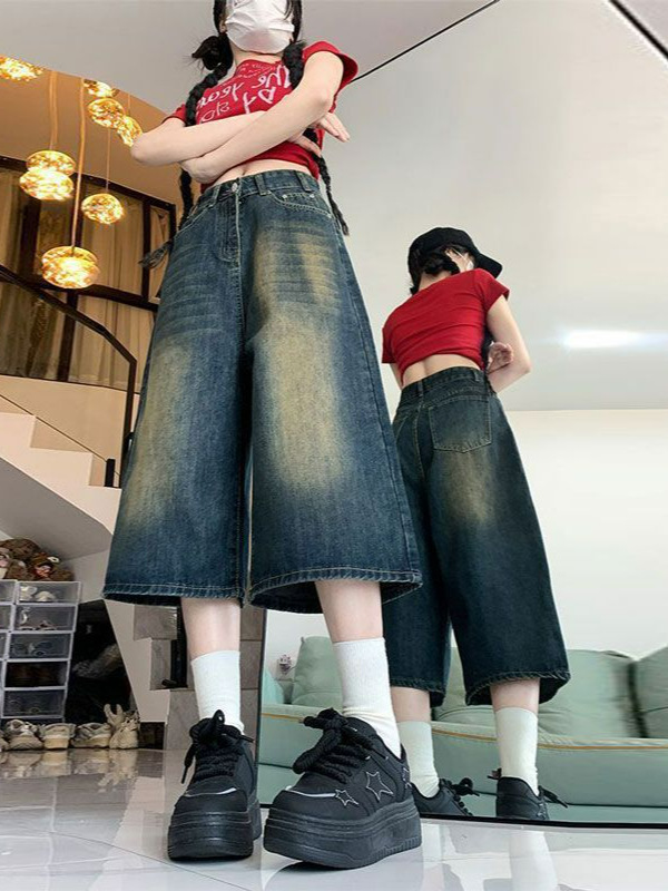 Designed Plus-Size High-Waisted Cropped Jeans for Women, Nostalgic Summer Style, Loose and Versatile Straight Wide-Leg Mid-Length Pants for Plus-Size Women