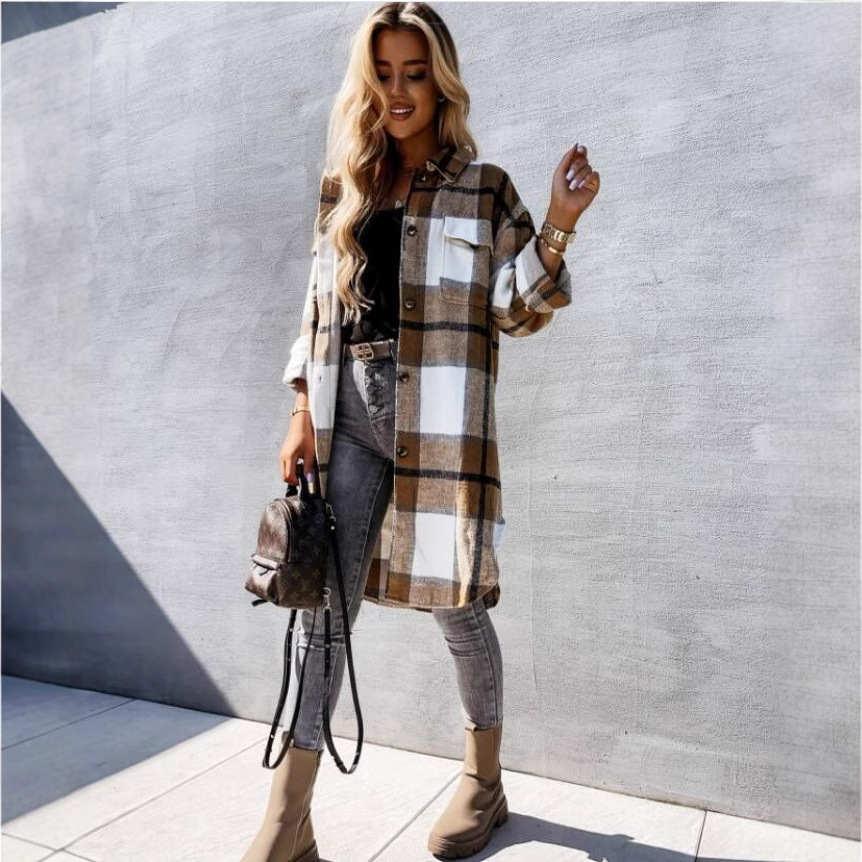 Picture of Cross-border Fashion Plaid Shirt 2021 Autum New Aliexpress Elegant Long Outwear Cardigan Lapel Shirt for Women