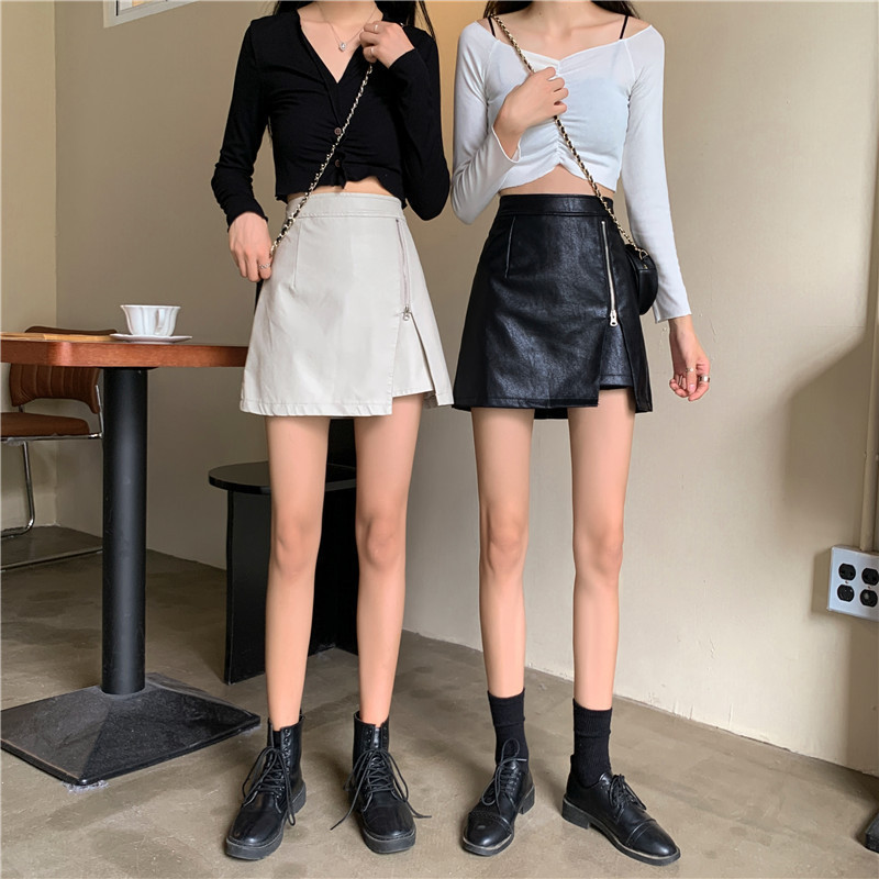 High Waist New Style Women's Early Autumn Black Wrap Hip Skirt A Sub Irregular Leather Skirt Skirt PU Leather Small