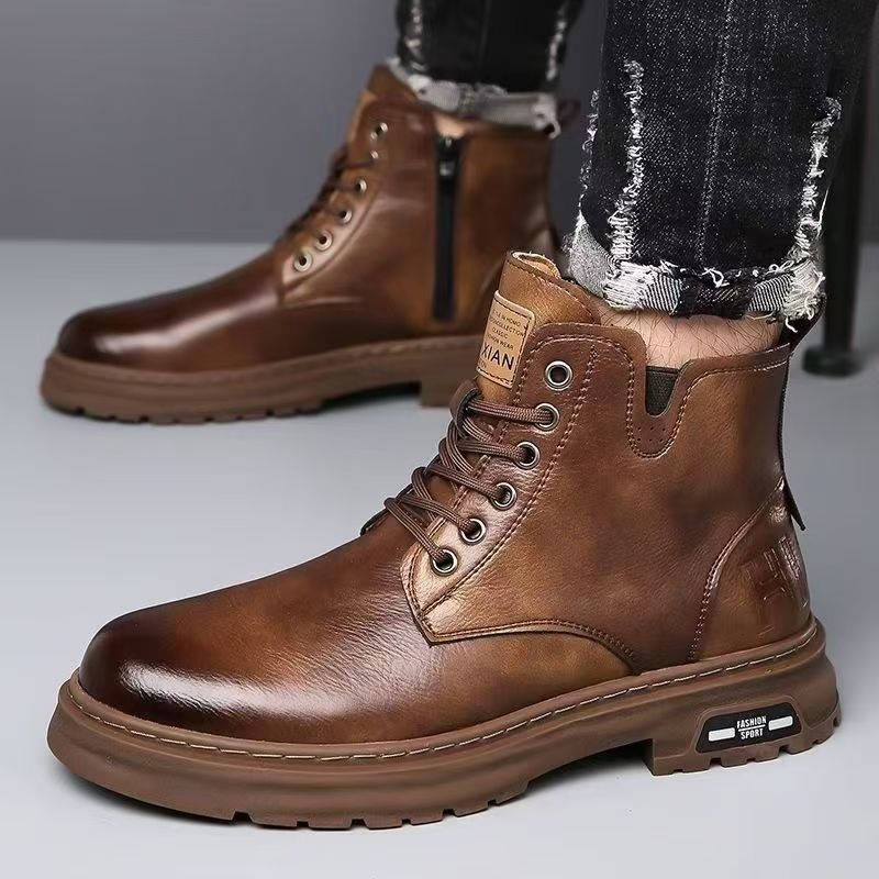 Single Cotton Same Style Martin Boots Men's Leather High-top fleece-lined Warm Cotton Leather Shoes Fashion British Style Martin Boots Men's Shoes