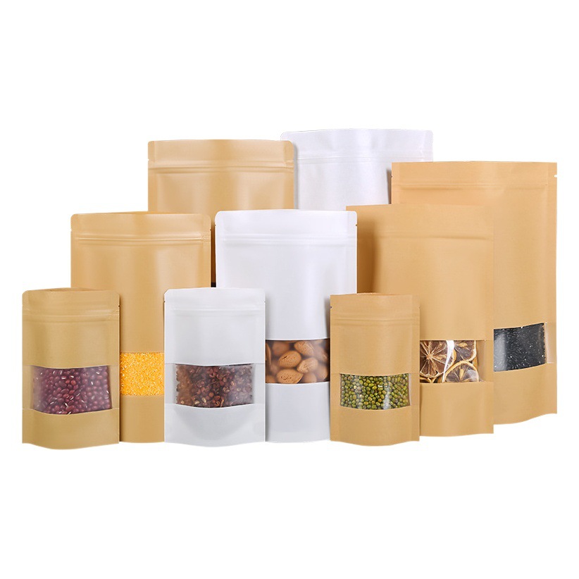 Online Window Kraft Paper Bag Thickeneded Kraft Paper Stand-Up Bag Nut Food Packaging Bag Tea Ziplock Bag Wholesale