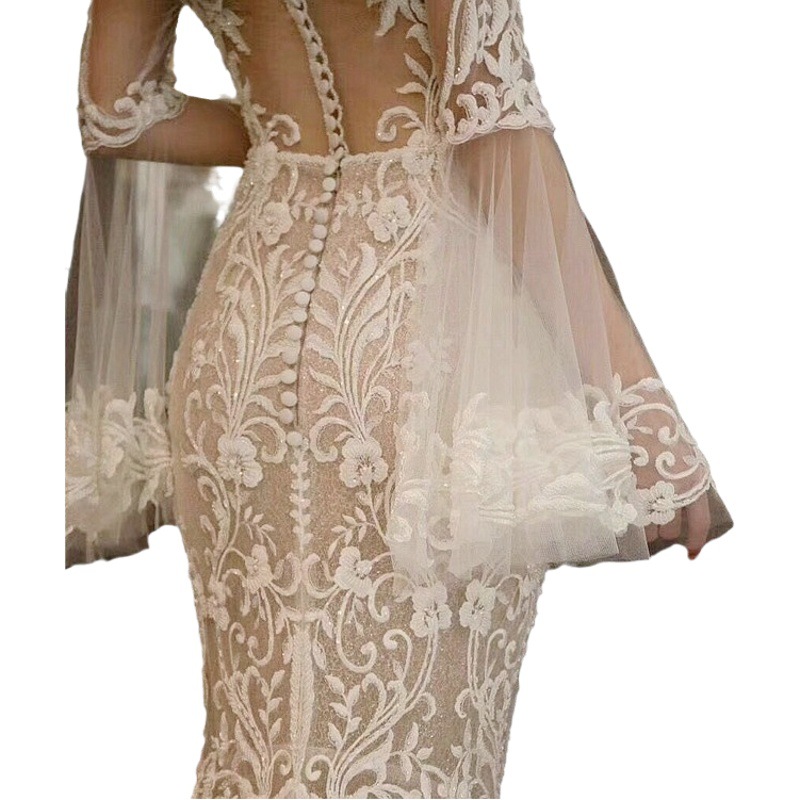 European and American Foreign trade Sexy Slim lace trailing high waist deep v-neck long sleeve tube top evening dress bridesmaid performance dress