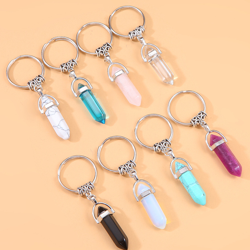 Geometric Mixed color crystal pendant alloy keychain Crystal hexagonal column keychain with hook pants mouth ornaments
