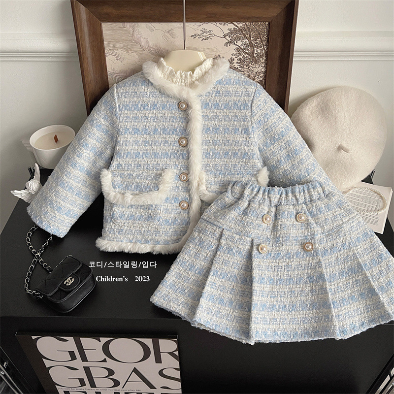 Girls Tweed Small Fragrance Suit 2024 Winter New Baby Fashionable Outwear Thickeneded Short Skirt Two-Piece Set Trendy