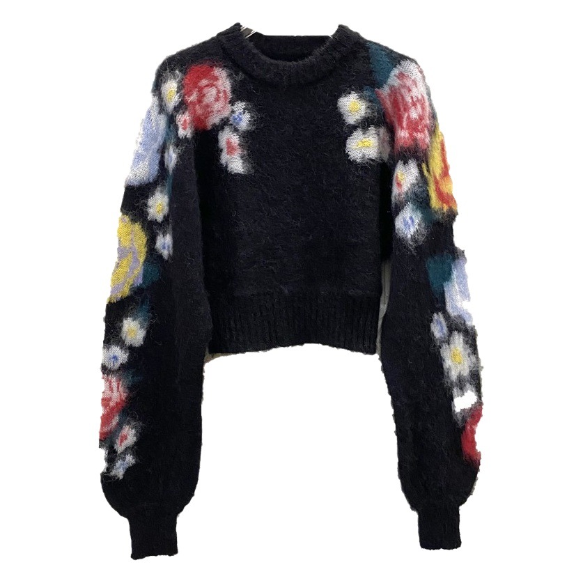 Miu Style 2025 Winter Mohair Pullover Jacquard Knitwear Bat Sleeve Short Knitwear Top Alpaca