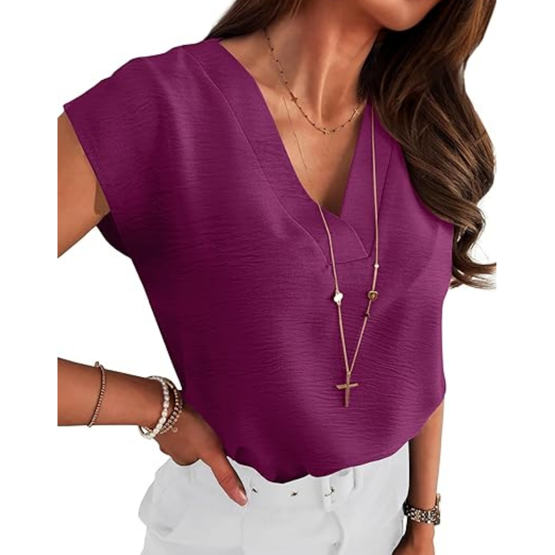 Picture of Cross-Border Export Amazon Independent Station 2025 Women's European and American Elegant Shirt V Neck Short-Sleeved Pullover Sleeveless Shirt