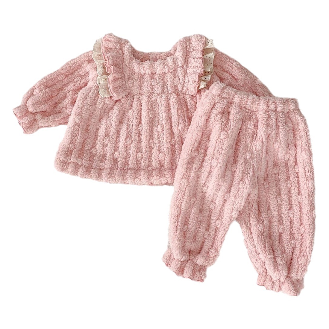 Winter baby girl simple home wear suit thickened Arctic velvet lace long sleeve doll shirt trousers two-piece set