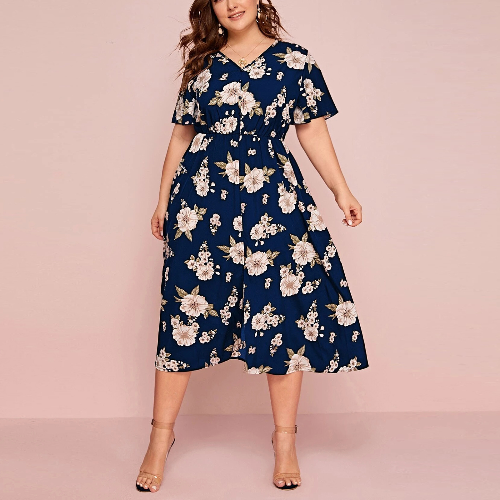 Picture of plus size Women's Floral Print V-neck Short-sleeved dress European and American-style Loose-fit Mid-length Chiffon Skirt
