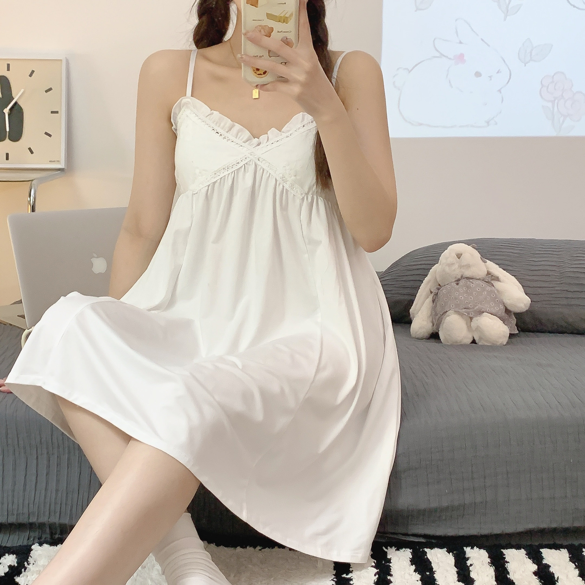 White Nightgown Summer New Style Slip Skirt with Chest Pad Imitation Cotton Pajamas Women's Sweet Fantasy Pure Desire White Nightgown