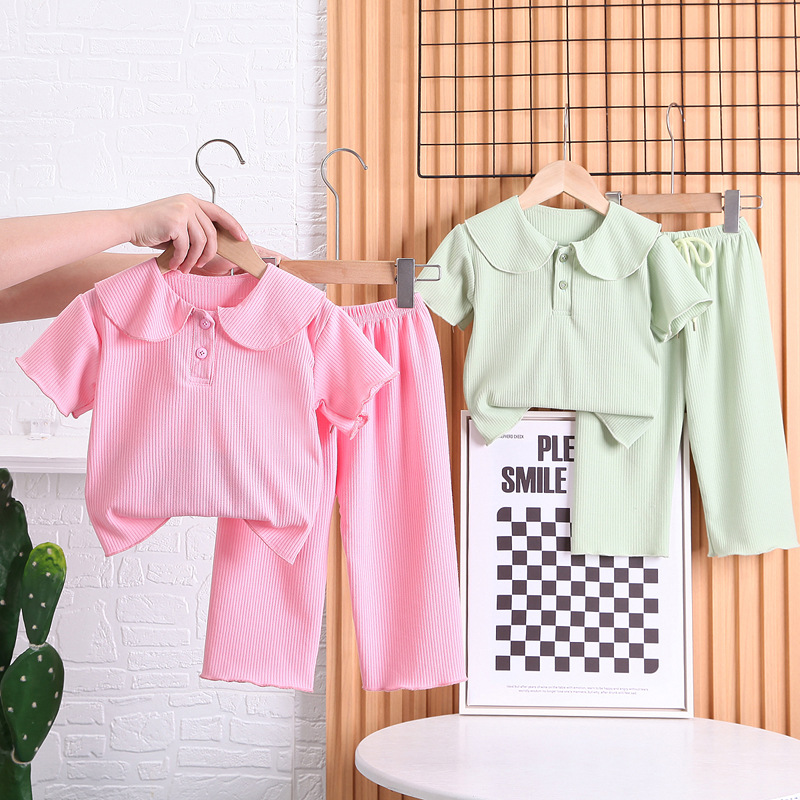 Foreign Trade Straight Hair Girl Summer Suit Fashionable New Arrival Female Baby Korean Style Lapel Sweet Two-piece Set