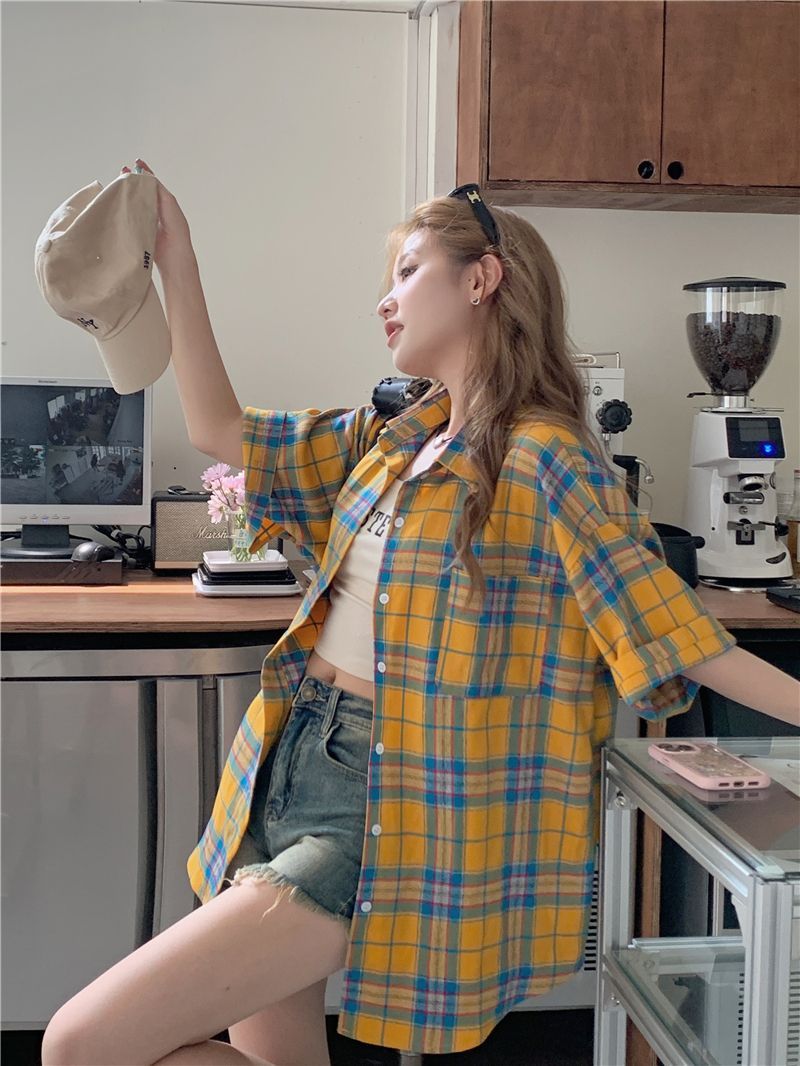 American Style Retro Plaid Shirt Women's Distinctive Lazy Style Thin 2025 New Japanese and Korean Style Loose Short Sleeve Shirt Top